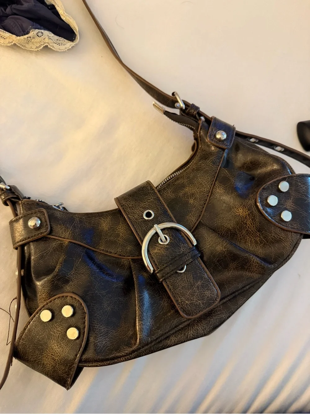 Women's Dark Brown Distressed Leatherette Shoulder Bag with Buckle Detail